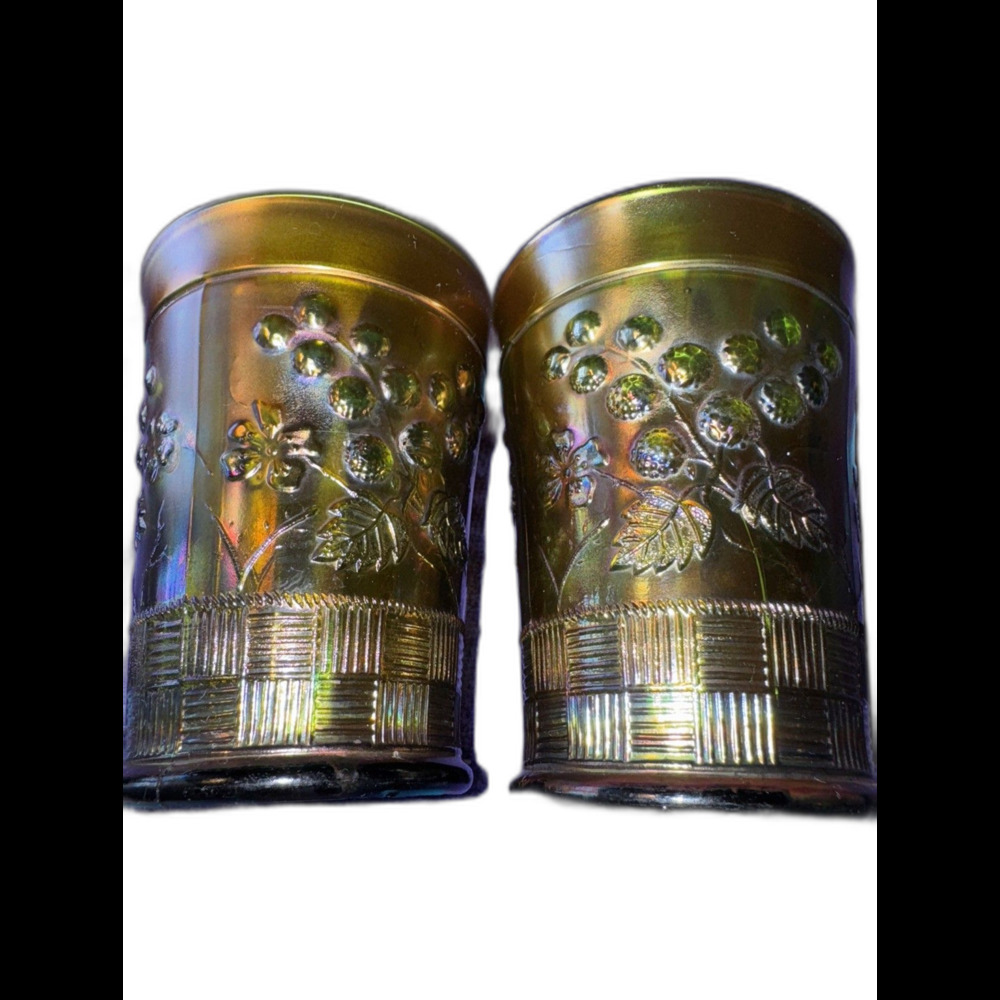 Green Northwood Carnival (2) Glass Raspberry Signed Tumbler - Great Color!